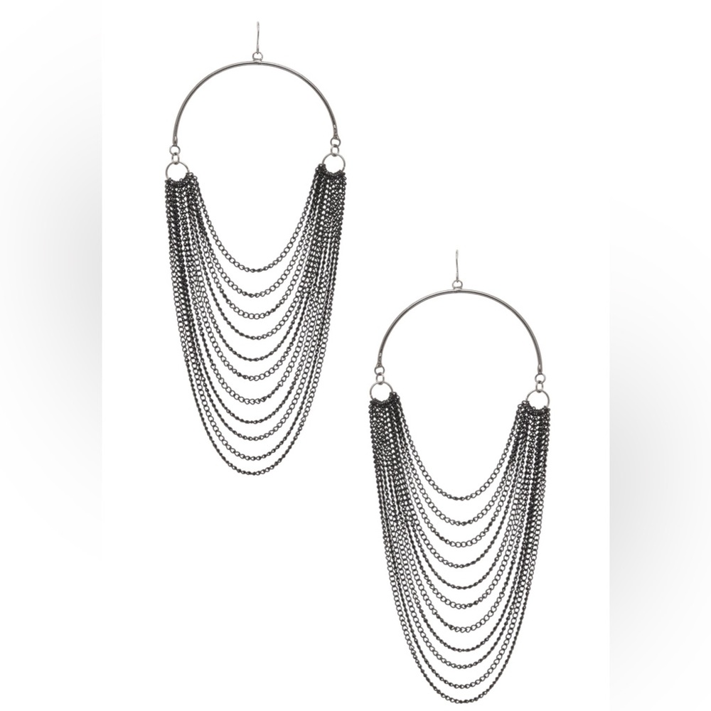 Long Layered Chain Hoop Drop Statement Earrings - Black, Gold or Silver